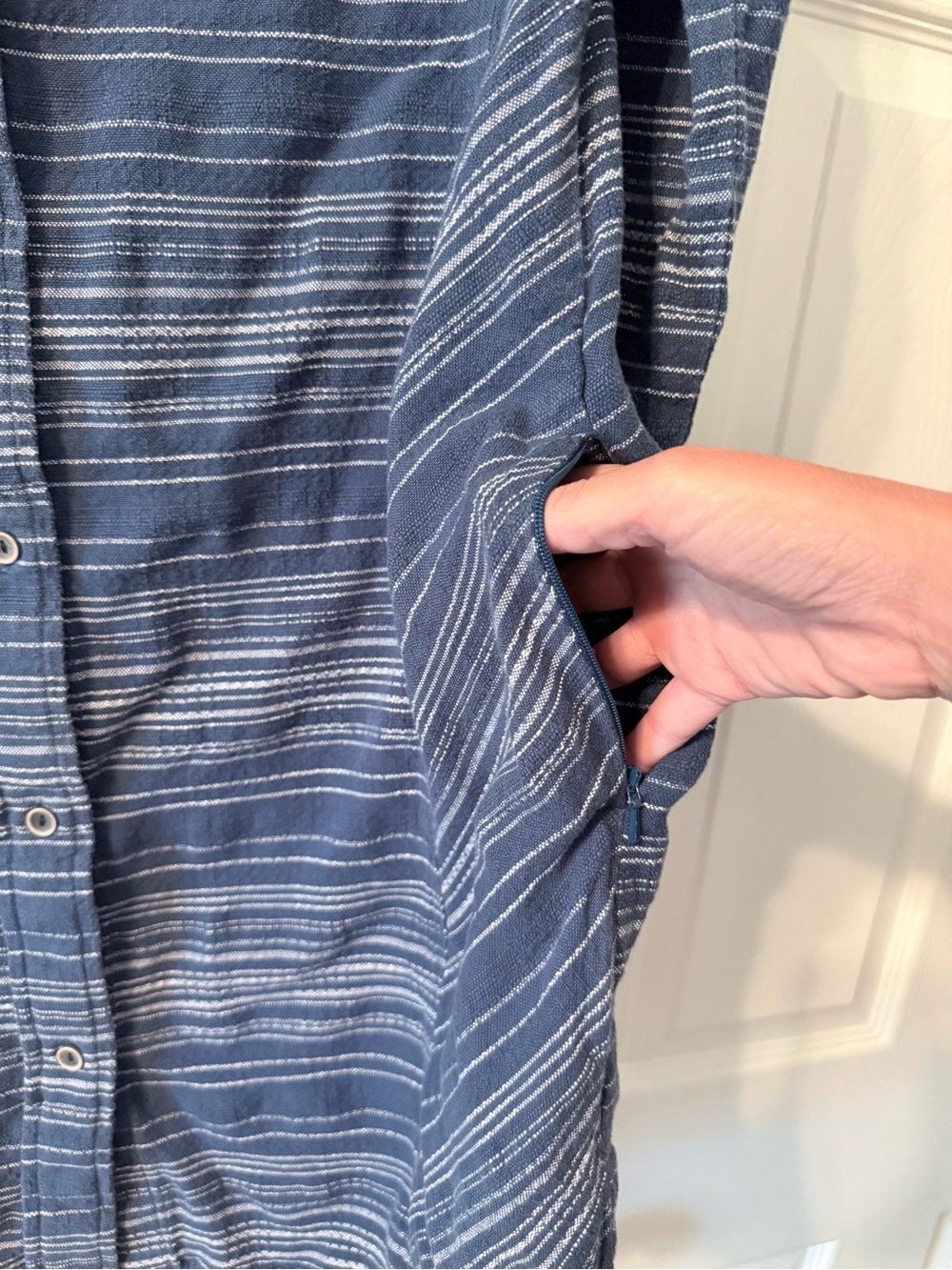 prAna Dyri Button Front Shirt Dress Large Blue Striped Organic Cotton - Picture 7 of 11